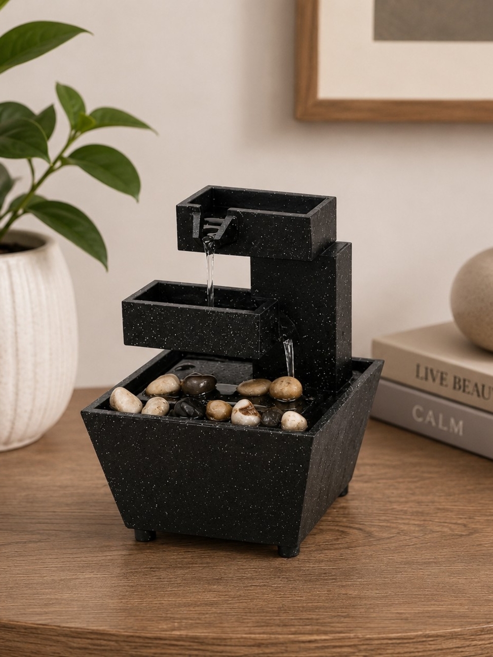 Tabletop Water Fountain Feng Shui Rock Peeble Accent 2 Tier Home Decor